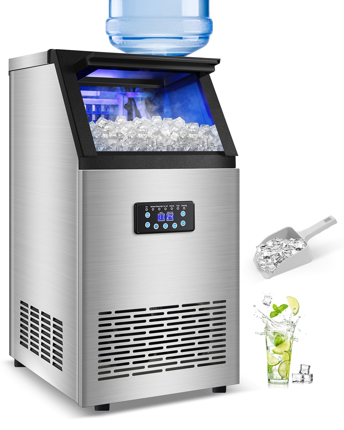 Commercial Ice Maker Machine 120LBS/24H with 30LBS Storage Bin, 15" Wide Undercounter/Freestanding