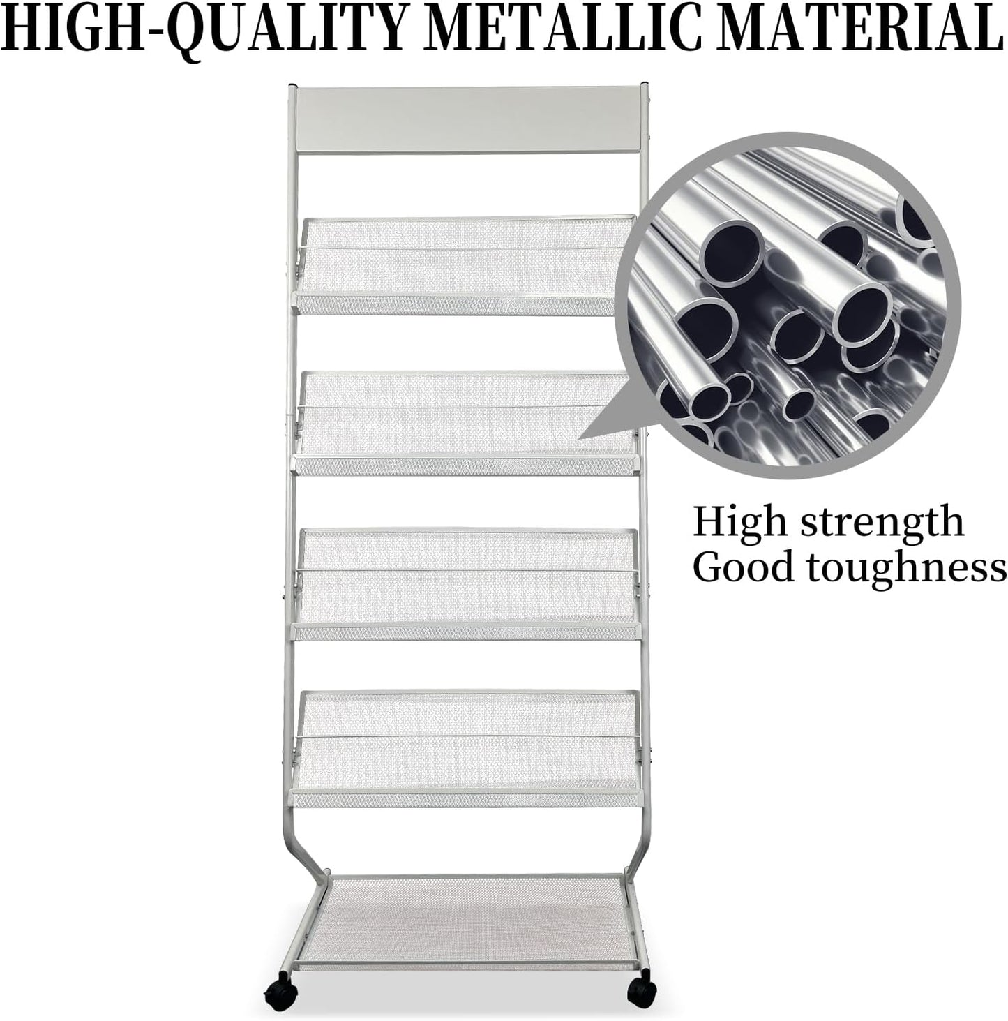 tongmo Floor-Standing Magazine Rack 4-Layer with Wheels, Brochure Display Stand, High-hardness