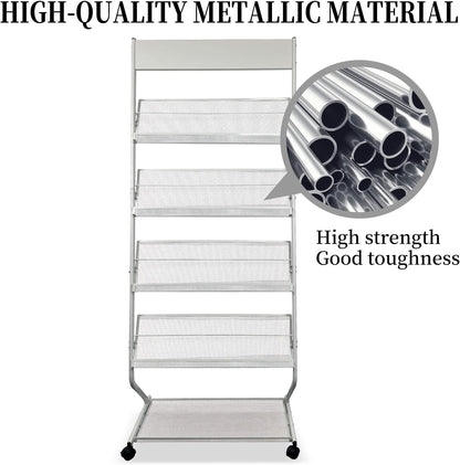 tongmo Floor-Standing Magazine Rack 4-Layer with Wheels, Brochure Display Stand, High-hardness