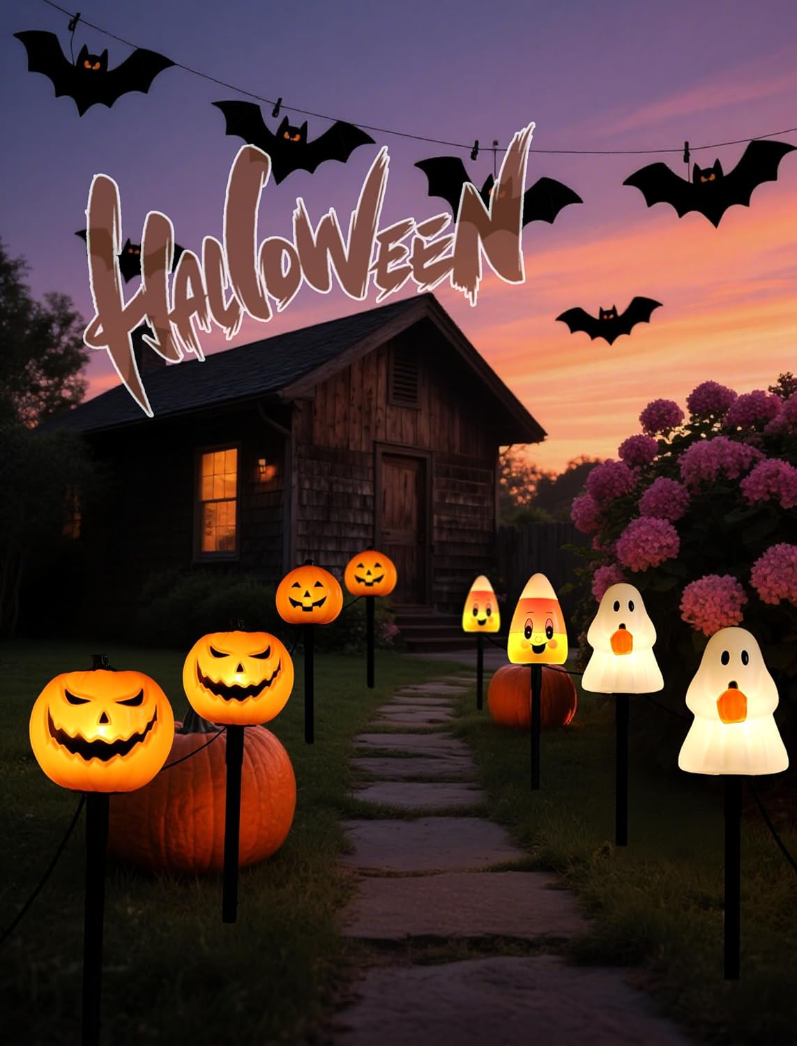Classic Halloween Charm: 5 Pack Plug-in Pumpkin Pathway Lights Outdoor, Waterproof Jack o' Lantern