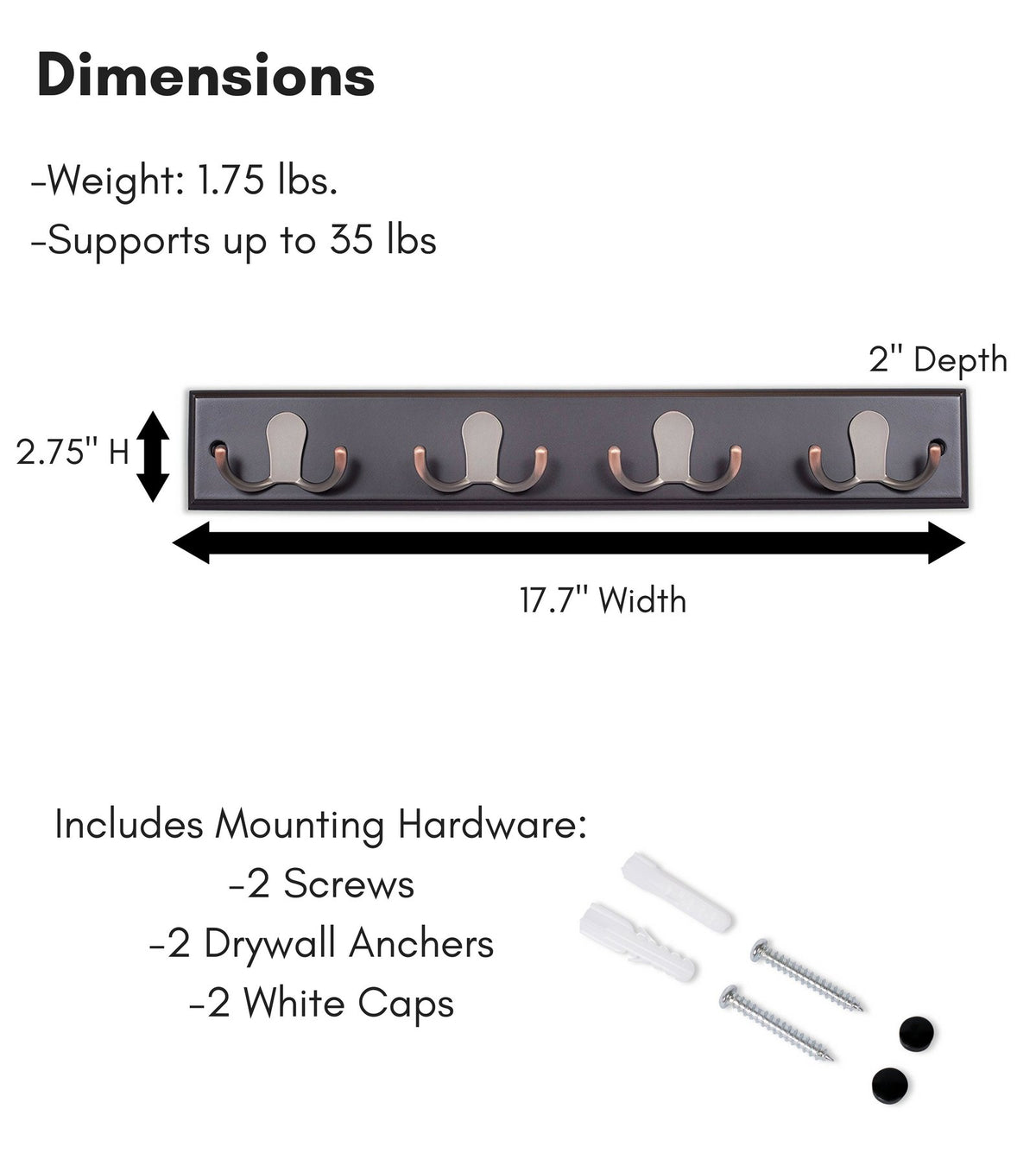 BIRDROCK HOME Dual Hook Coat Rack | 4 Dual Hooks | Wall Mounted Hat Key Rack Rail | Oil Rubbed
