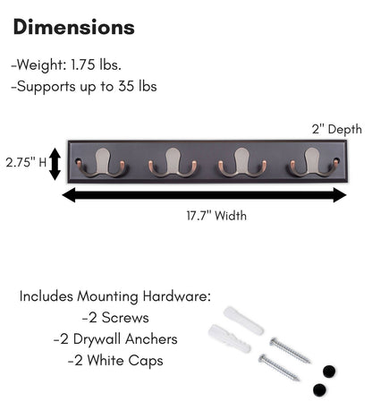 BIRDROCK HOME Dual Hook Coat Rack | 4 Dual Hooks | Wall Mounted Hat Key Rack Rail | Oil Rubbed