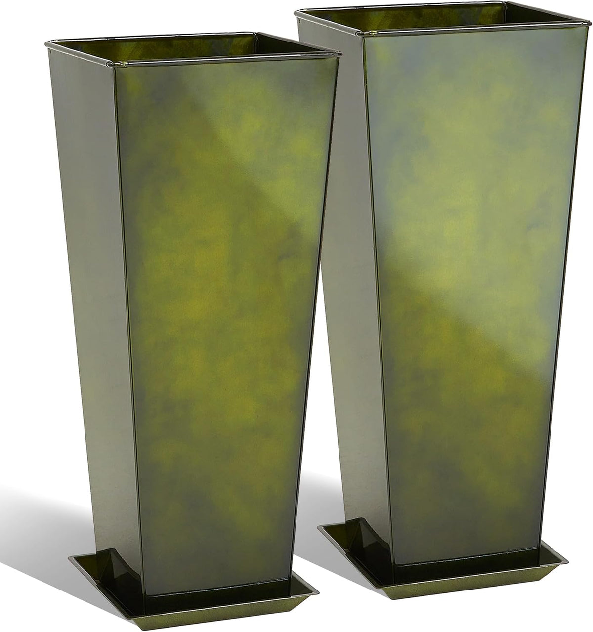 KOL 28''H. Tall Metal Planter with Saucer, Galvanized Steel Glazed Planter Pots with Drainage Hole
