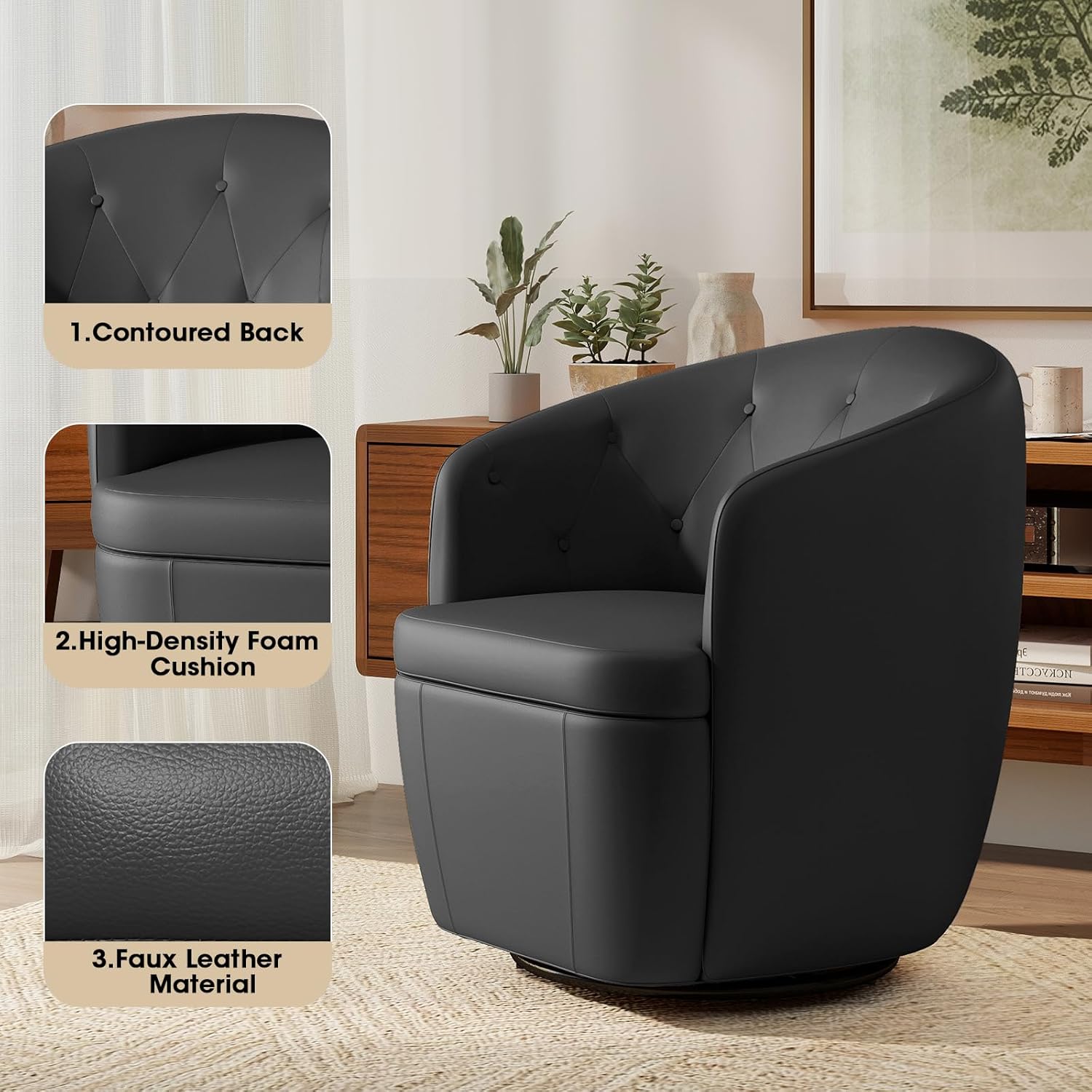 360° Swivel Leather Accent Chair, Modern Barrel Club Chair with Leather Upholstery and Sturdy Base