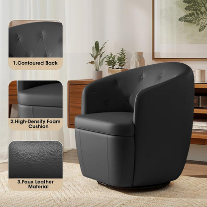 360° Swivel Leather Accent Chair, Modern Barrel Club Chair with Leather Upholstery and Sturdy Base