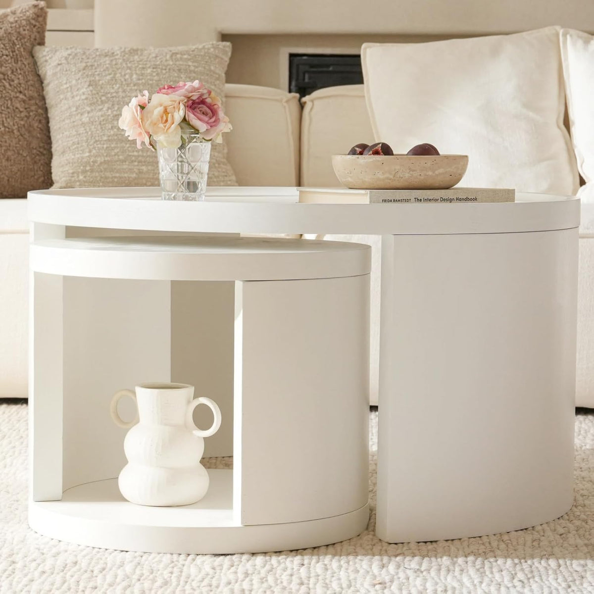 Round Nesting Coffee Table Set of 2,31.5" Large & 18" Small Low Tables with Wood Look