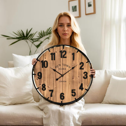 Large Old Town Farmhouse Wall Clock 20 Inches - Rustic Antique Wood with Metal Circle and Large