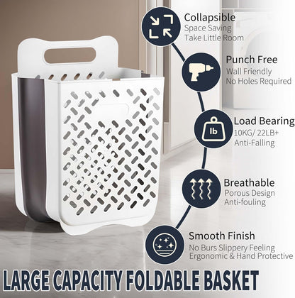 Plastic Foldable Laundry Basket with Handle, 42L Wall Mounted Laundry Hamper Freestanding Dirty