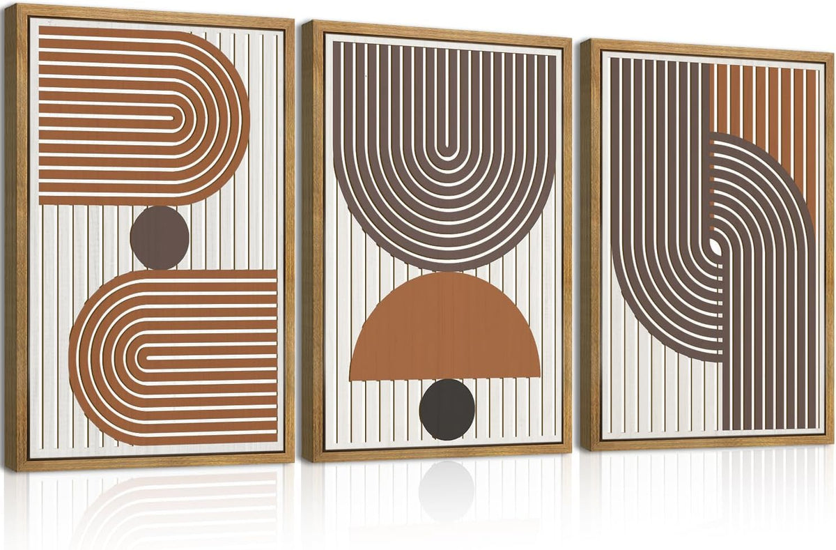 Mid Century Boho Modern Wall Art Set Abstract Geometric Wooden Wall Decor Minimalist Line Neutral