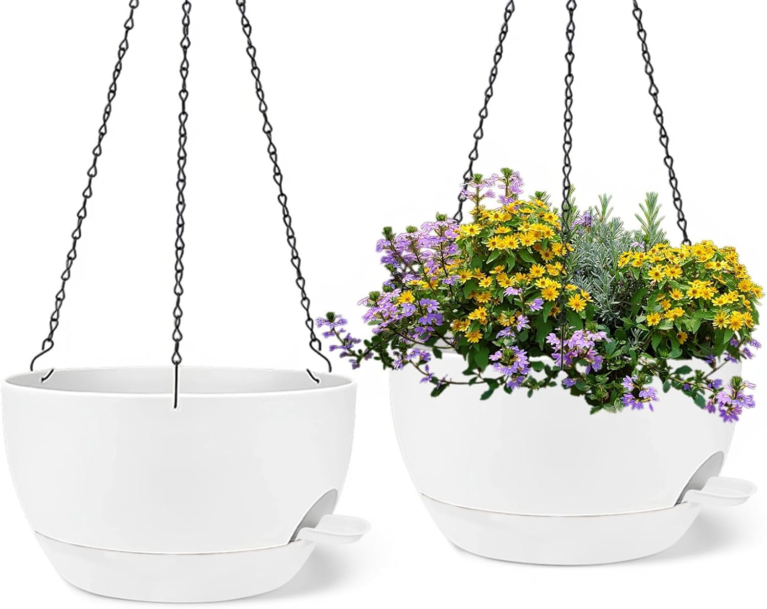 2 Pack 12 Inch Large Hanging Planters with Chains Self Watering White Plastic Hanging Pots for