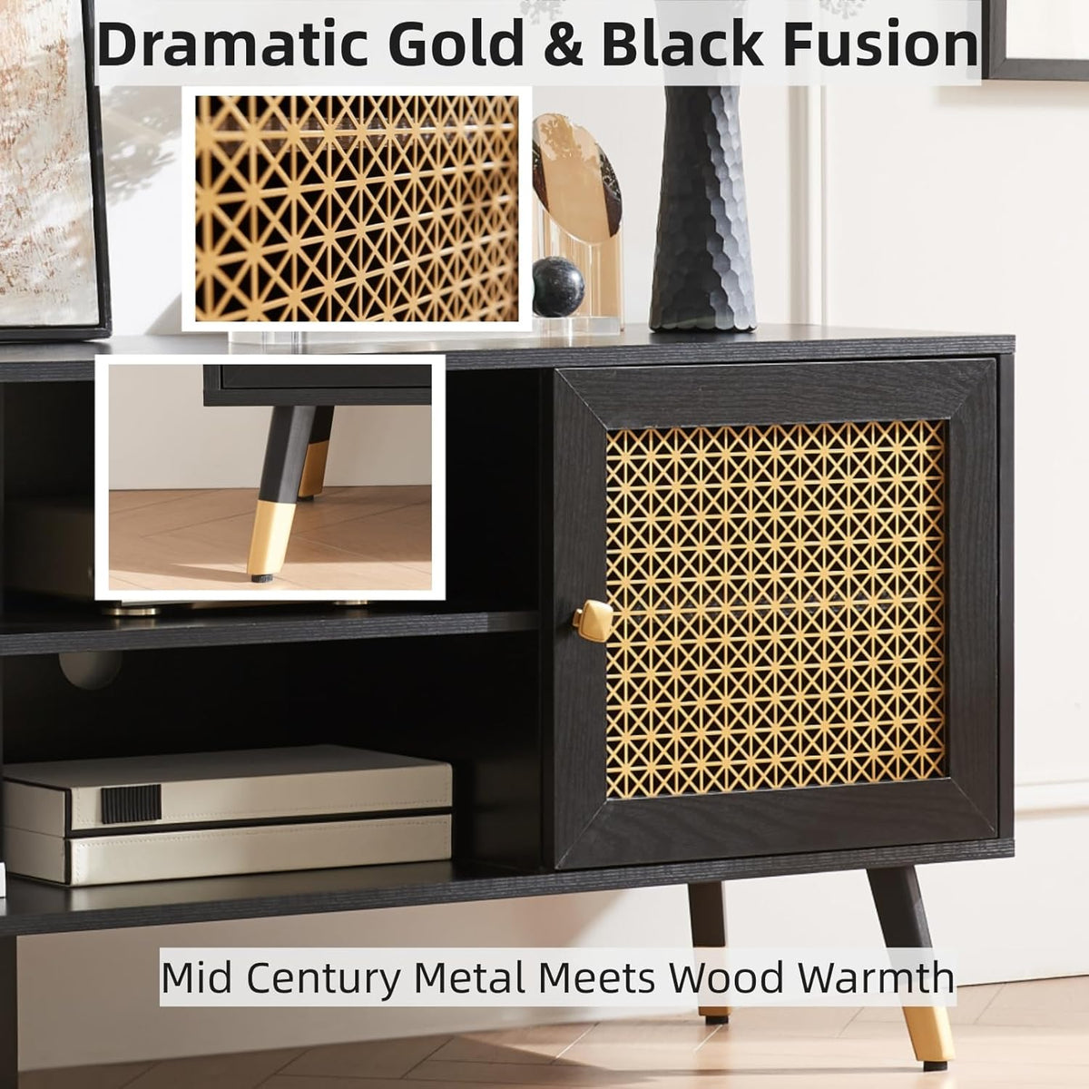 JYED Mid Century Modern TV Stand and Console for TVs Up to 75" - Black Entertainment Center, 2 Gold