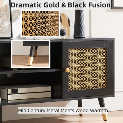 JYED Mid Century Modern TV Stand and Console for TVs Up to 75" - Black Entertainment Center, 2 Gold