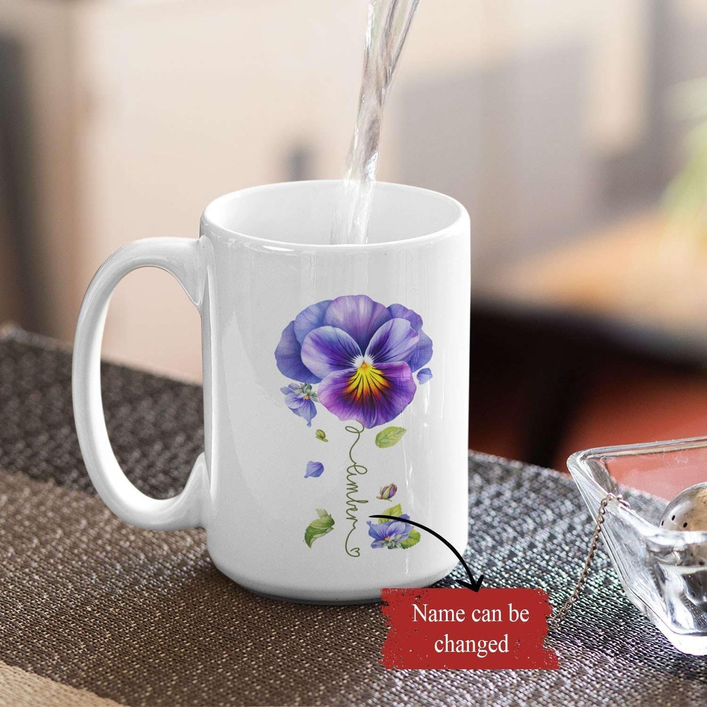 Pansy Design Ceramic Cup, Personalized Name Flower Themed Mug, Custom Coffee Cup For Pansy Flower