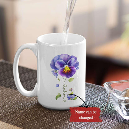 Pansy Design Ceramic Cup, Personalized Name Flower Themed Mug, Custom Coffee Cup For Pansy Flower