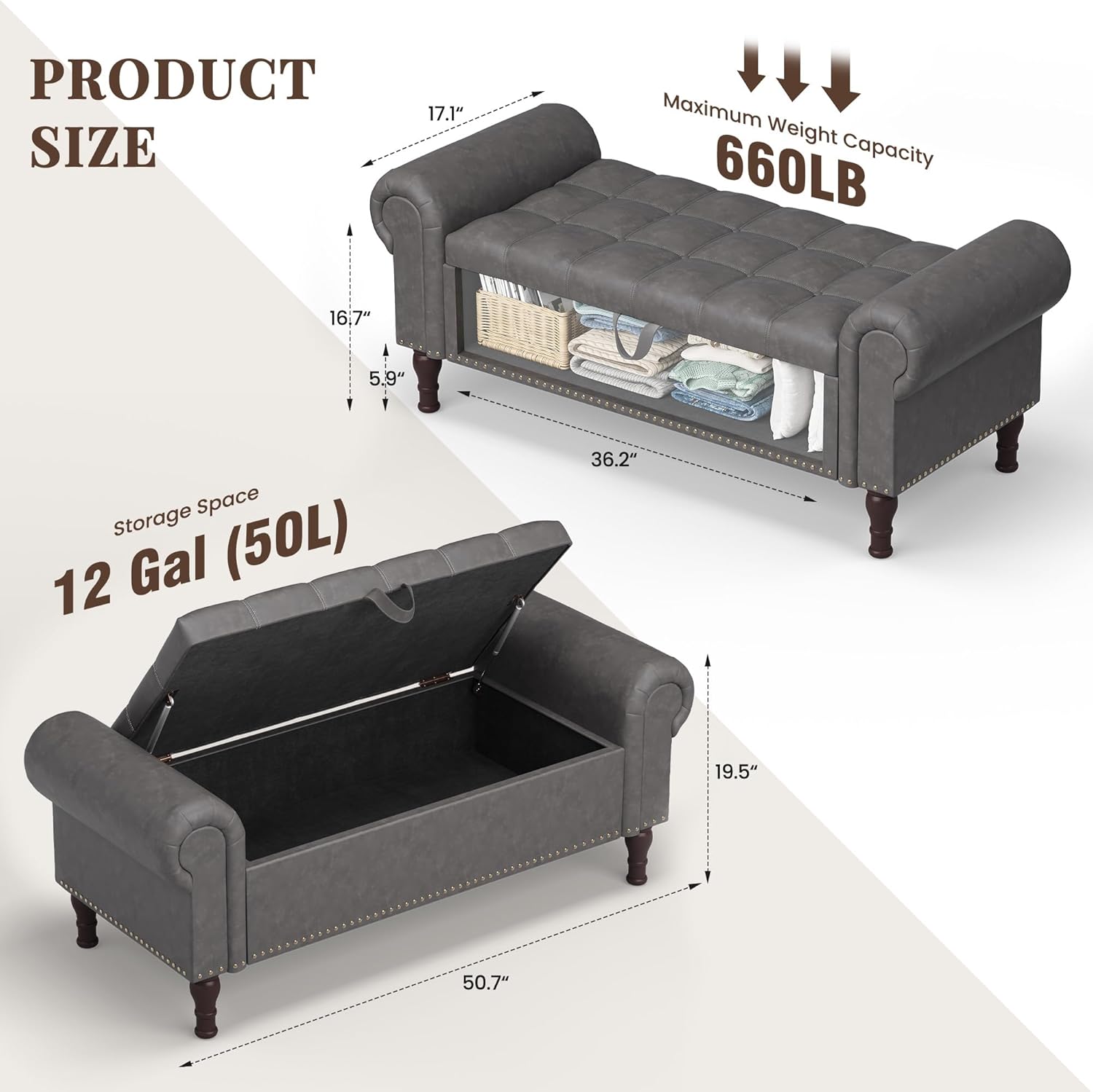 Storage Bench for Bedroom, 51" Full Queen Storage Bench, Upholstered Bedroom Bench with Rolled Arms