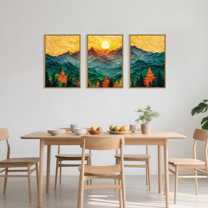 Abstract Mountain Framed Canvas Wall Art Set, Forest Pine Tree Golden Sunset Wall Decor, Mixed