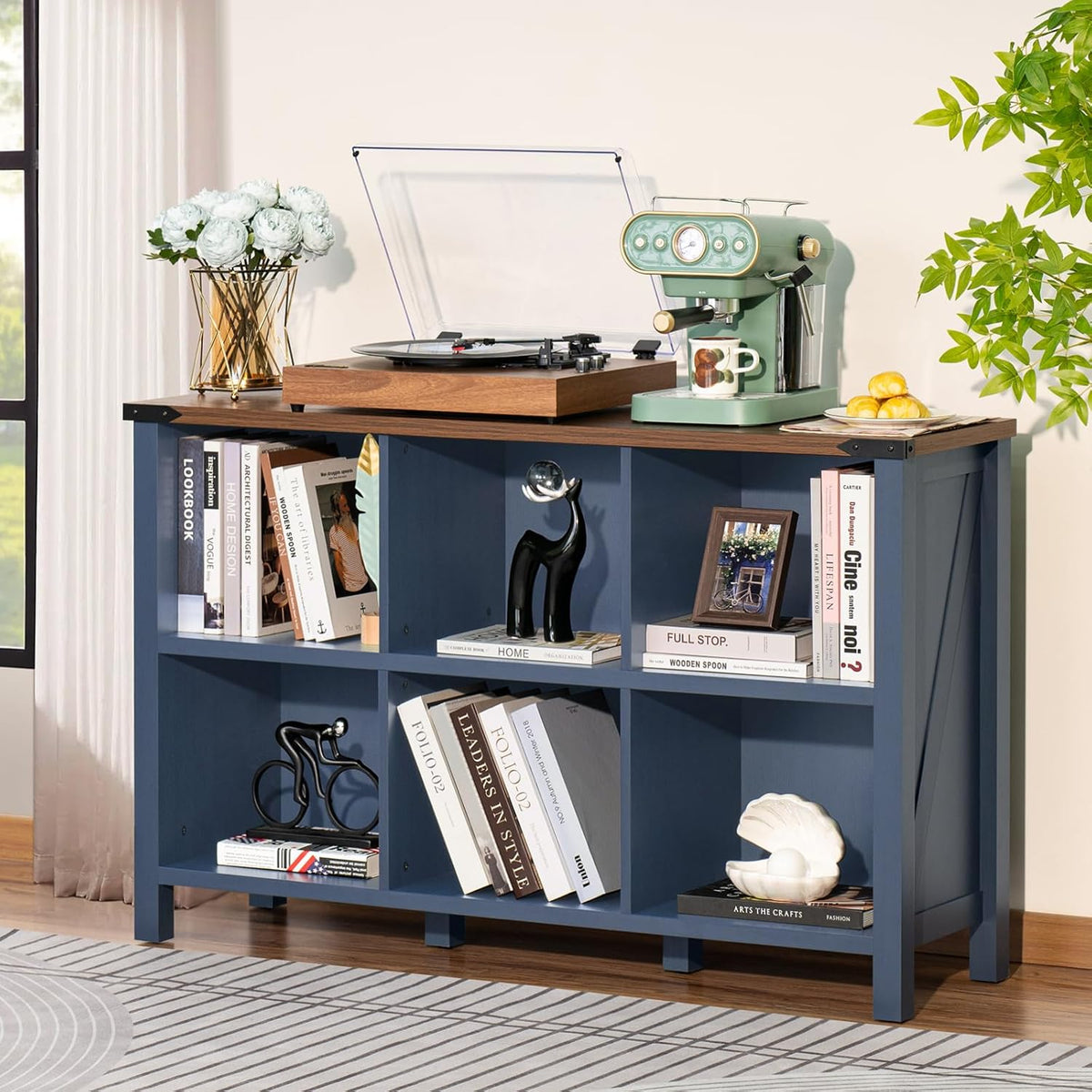 6 Cube Bookcase, Farmhouse Wood Low Storage Organizer Book Shelf, 47" Horizontal Navy Blue Console