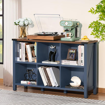 6 Cube Bookcase, Farmhouse Wood Low Storage Organizer Book Shelf, 47" Horizontal Navy Blue Console