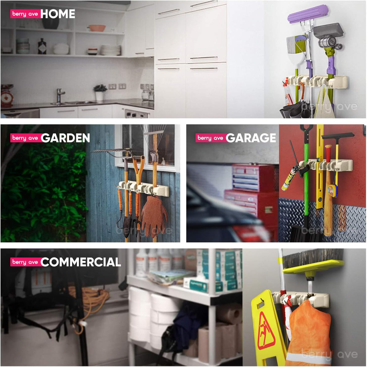 Broom Holder Wall Mount and Garden Tool Organizer, Closet Storage, Kitchen Rack, Home Organization