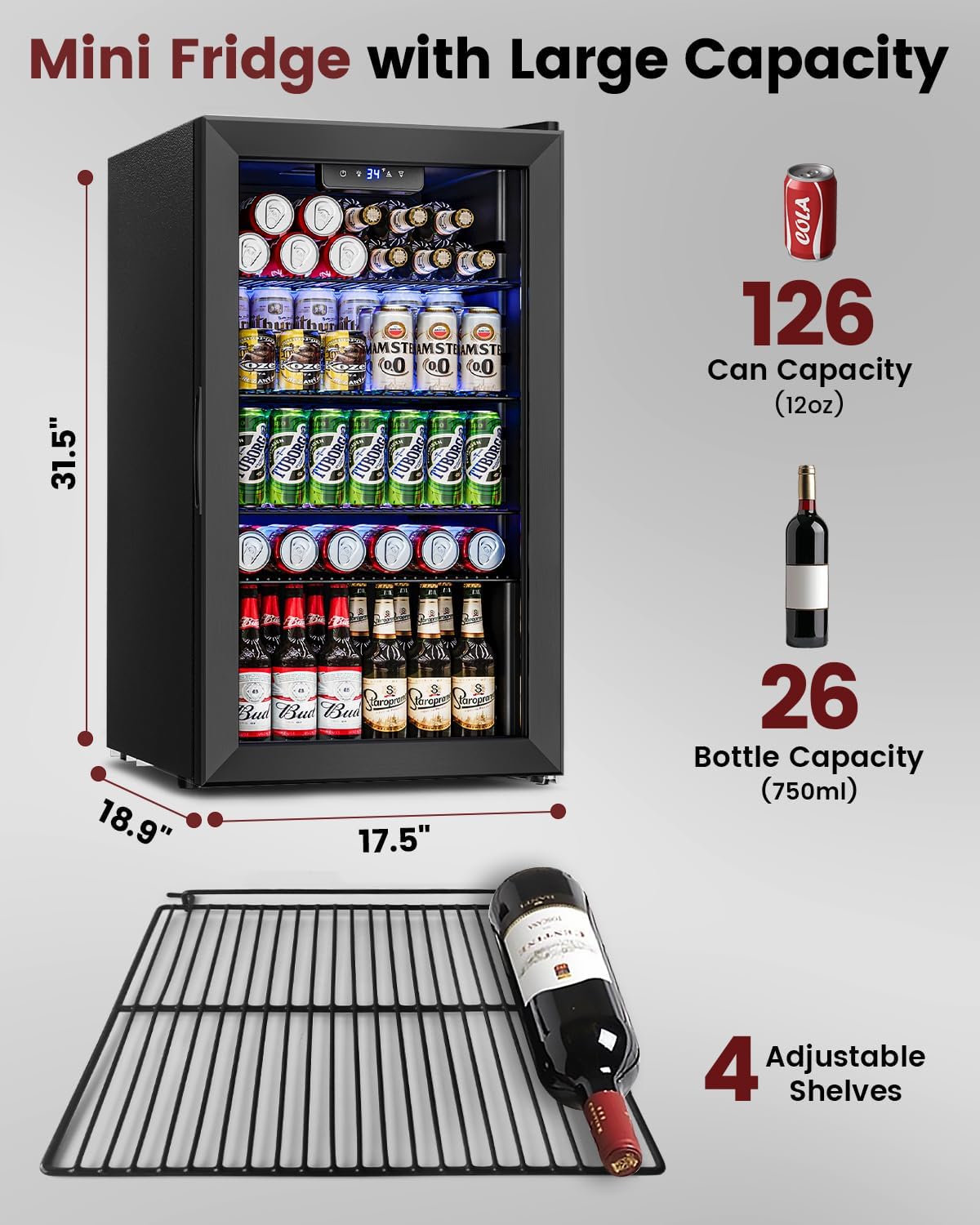 Wine Cooler Refrigerator - 26 Bottle 126 Can Mini Wine Fridge with Glass Door for Beer Soda Water