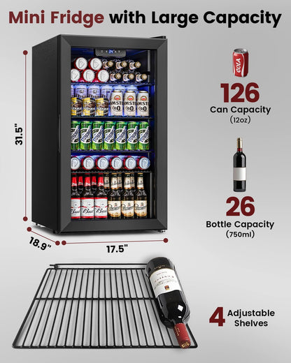 Wine Cooler Refrigerator - 26 Bottle 126 Can Mini Wine Fridge with Glass Door for Beer Soda Water