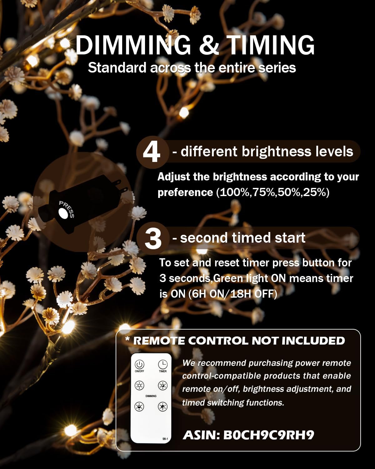 4ft Lighted Baby's Breath Tree with 64 Warm White LED Lights for Holiday Decor - Dimmable, UL