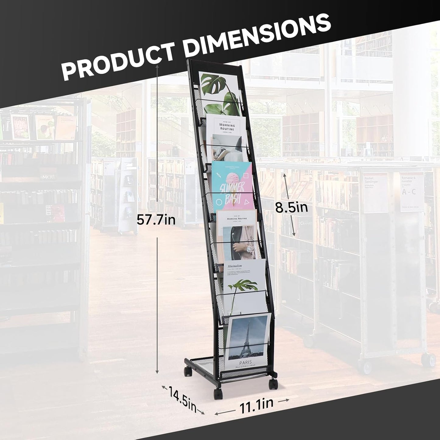 Floor-Standing Magazine Rack 6-Layer with Wheels, Brochure Display Stand for Exhibitions, Office