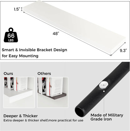 Floating Shelves for Wall, 2 Large Wall Mounted Shelves with Invisible Brackets, Long Wood Floating