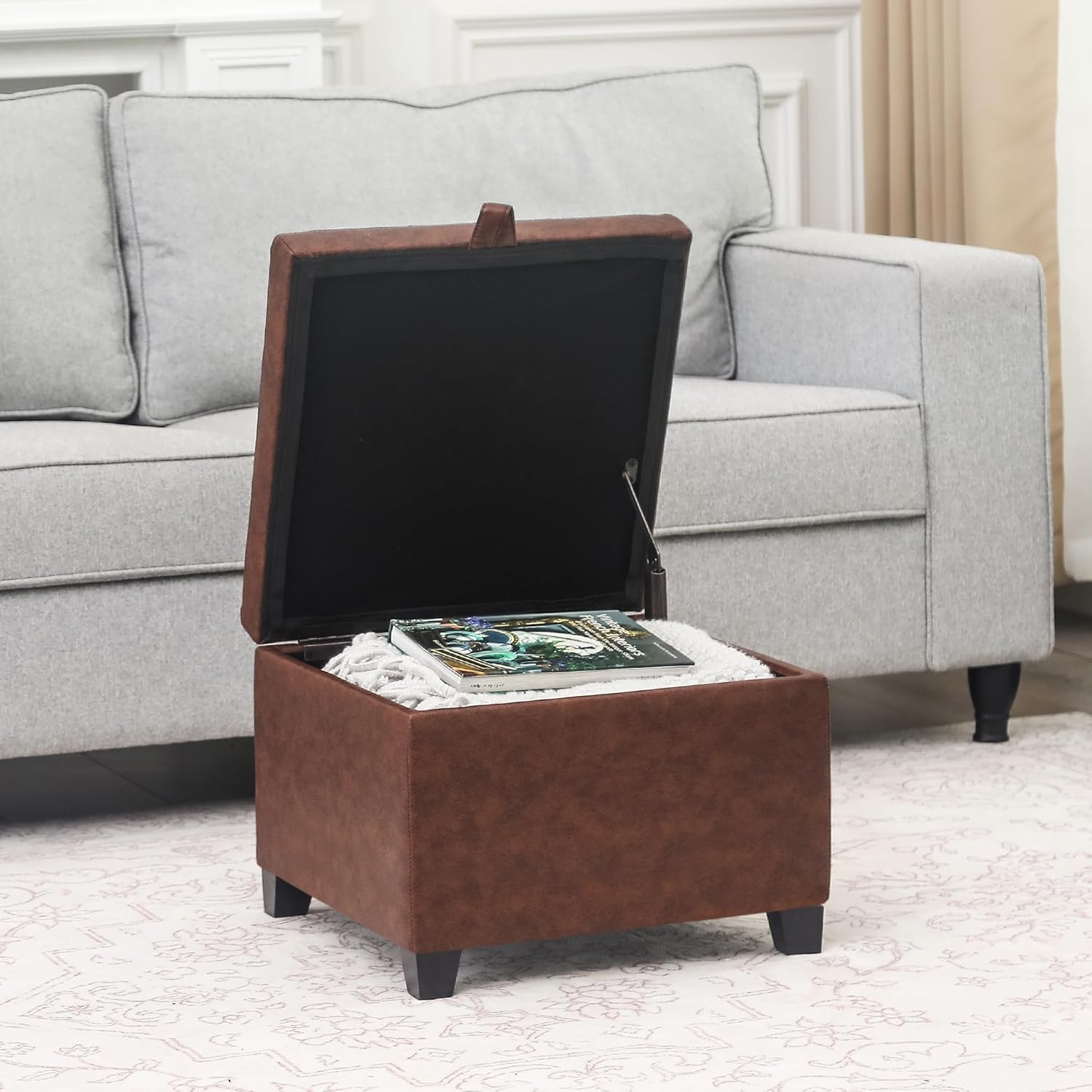 Adeco Faux Leather Storage Ottoman Bench with Wood Legs, 17.7" Square Red and Brown PU Cube Foot