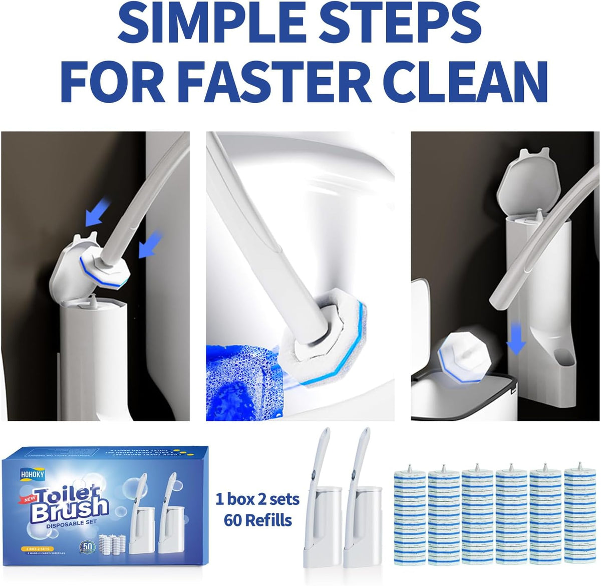 Disposable Toilet Brush Cleaning System, Two Sets of Wands and 60p Refills Pads Replacement Heads