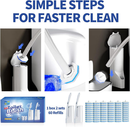 Disposable Toilet Brush Cleaning System, Two Sets of Wands and 60p Refills Pads Replacement Heads