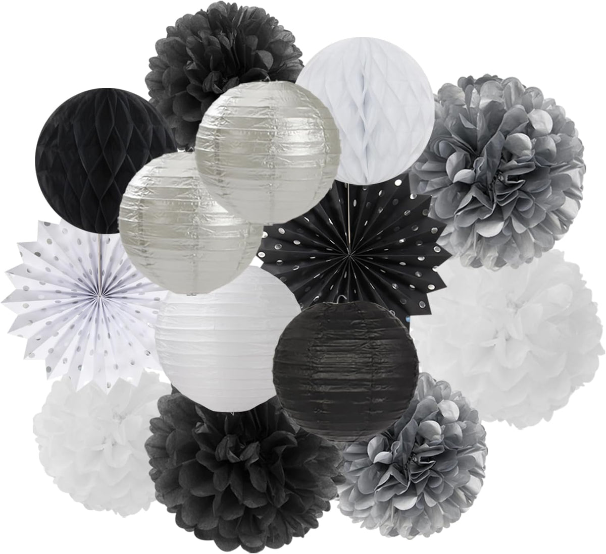 Black-White Silver Party-Decorations Paper-Lanterns - 14pcs New Years Streamers Fan,Tissue Pom