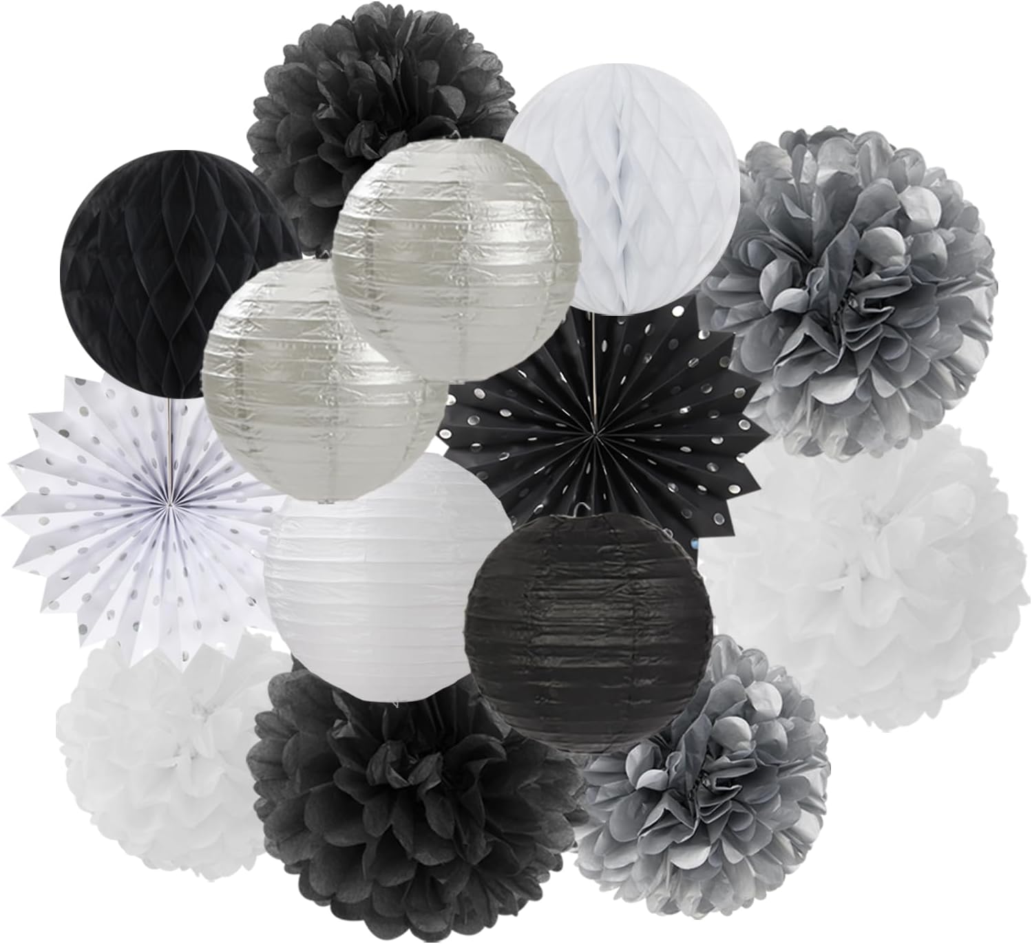 Black-White Silver Party-Decorations Paper-Lanterns - 14pcs New Years Streamers Fan,Tissue Pom