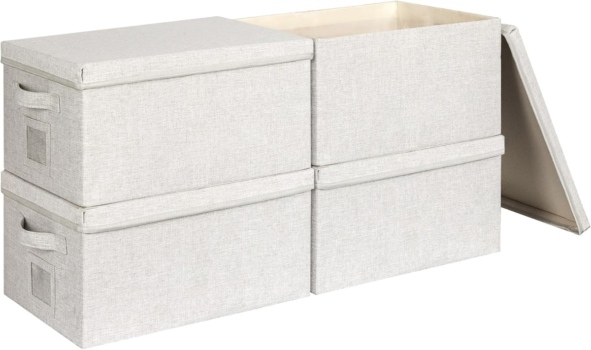 Large 17''x12'' Quart Collapsible Stackable Storage Bins with Lids, 4 Packs Off White Fabric Closet