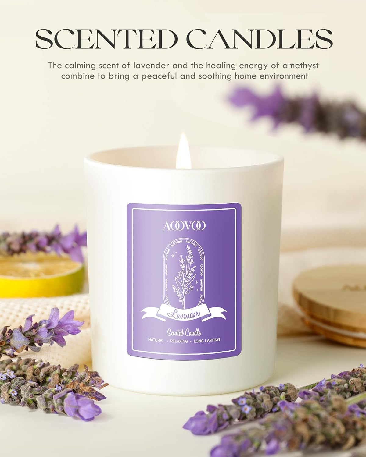 AOOVOO Lavender Scented Candles for Women - Aromatherapy Candle with Crystals Inside, 10oz Soy