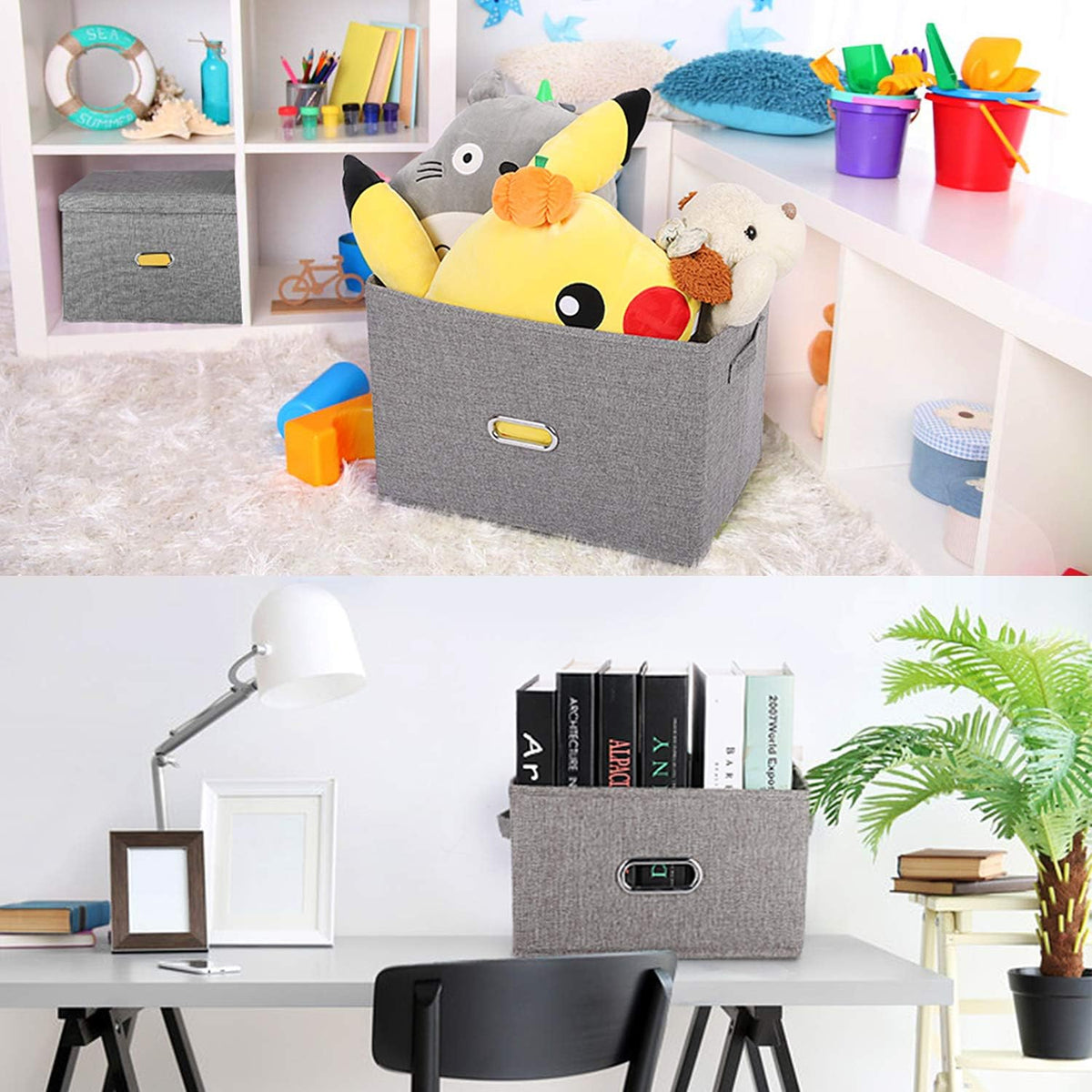 Large Linen Fabric Foldable Storage Bins with Removable Lid and Handles, Washable Storage Box
