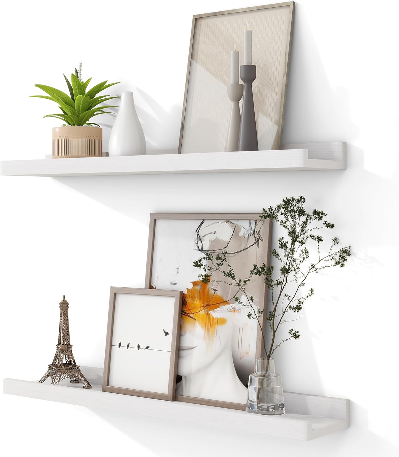 Solid Ash Wood Picture Ledge Shelf, 24 Inch Floating Shelves with Lip Set of 2, Photo Ledge Shelf