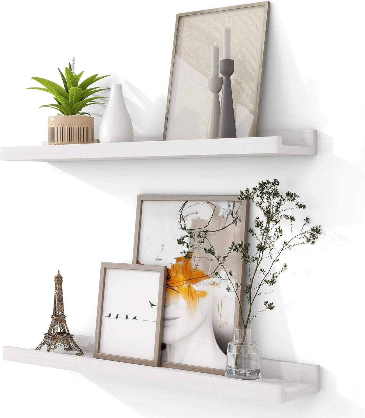 Solid Ash Wood Picture Ledge Shelf, 24 Inch Floating Shelves with Lip Set of 2, Photo Ledge Shelf