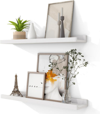 Solid Ash Wood Picture Ledge Shelf, 24 Inch Floating Shelves with Lip Set of 2, Photo Ledge Shelf