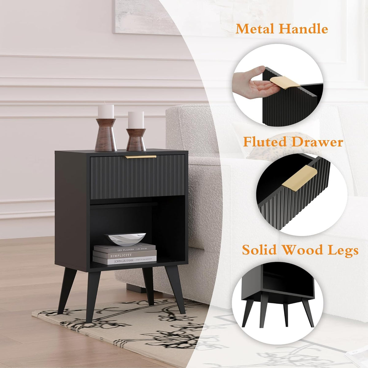 Fluted Night Stand with Opening Storage,Mid Century Bedside Table with Drawer,Modern Nightstand