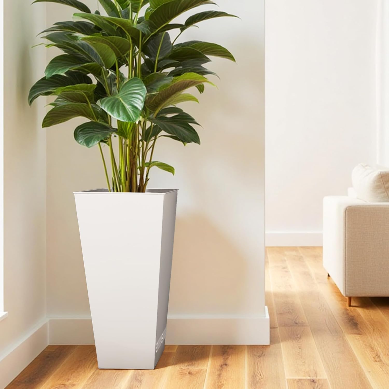 Worth Garden 28" H. Large Metal Glazed Planter Set of 2, Modern Glossy Finish White Tall Square