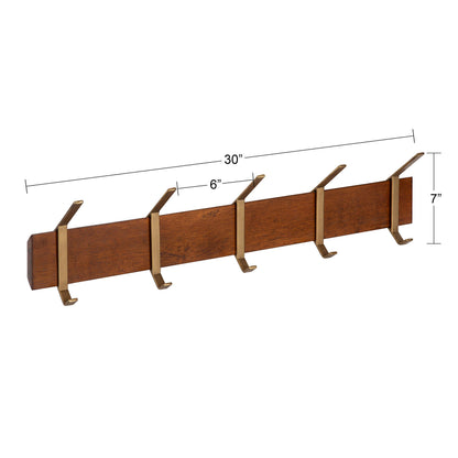 Kate and Laurel Rossmore Modern 5 Hook Shelf, Walnut and Gold, Mid-Century Coat Rack