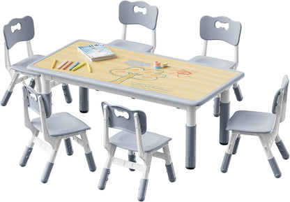 Brelley Kids Table and 6 Chairs Set, Height Adjustable Toddler Desk and Chair Set, Graffiti