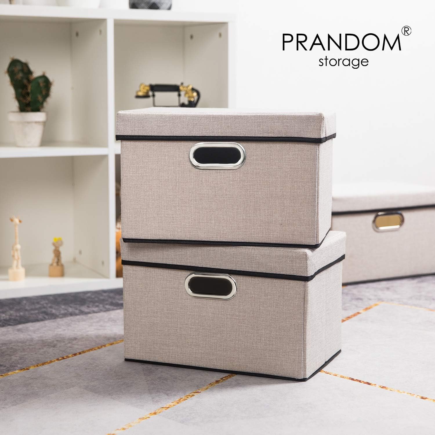 PRANDOM Foldable Storage Bin with Lid [3-Pack] Linen Fabric Decorative Storage Box Organizer
