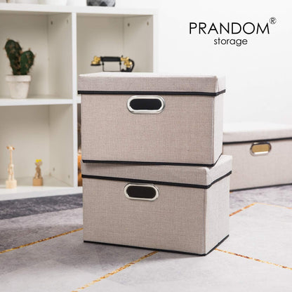 PRANDOM Foldable Storage Bin with Lid [3-Pack] Linen Fabric Decorative Storage Box Organizer