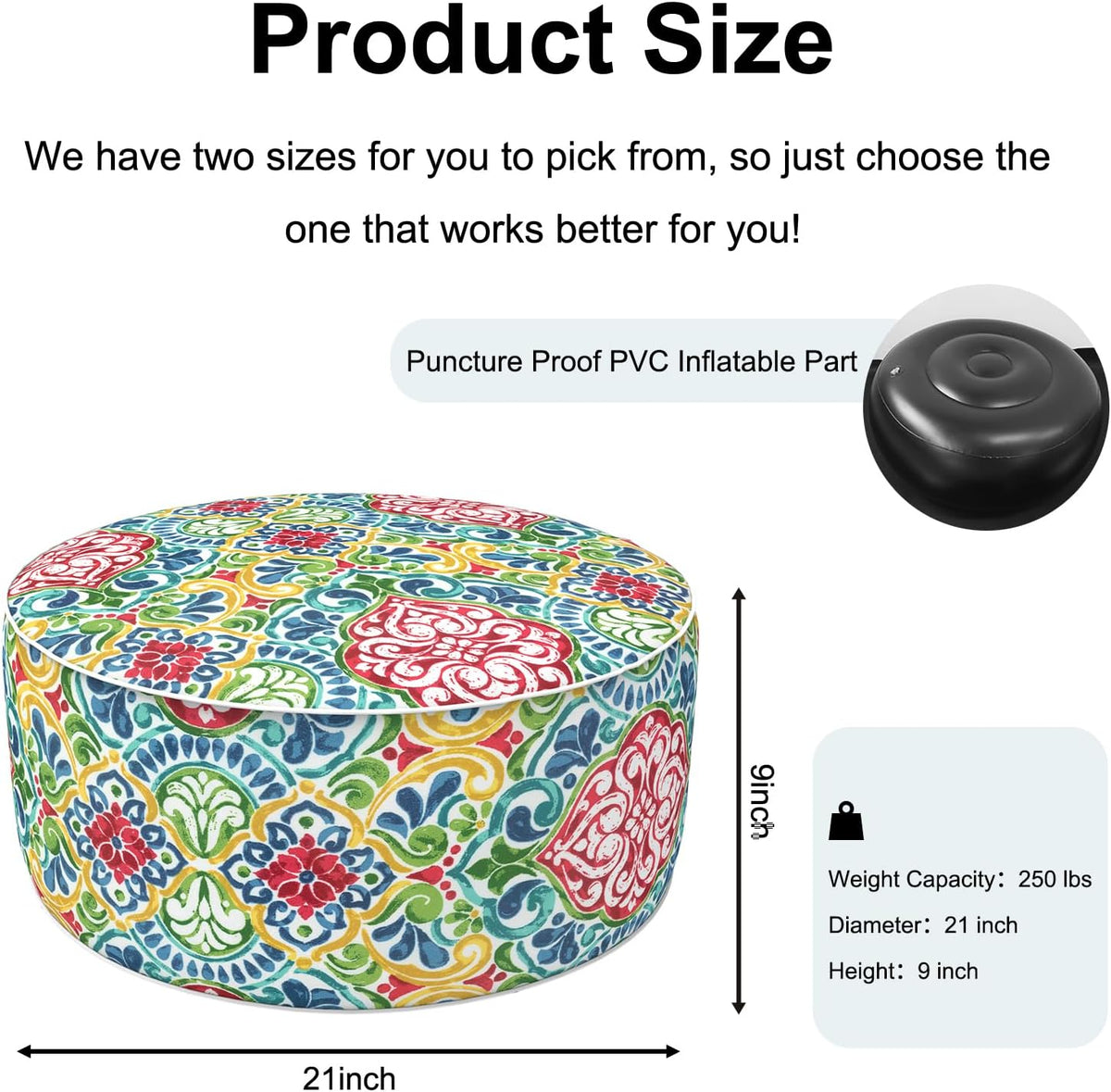 Inflatable Ottoman Stool D21 xH9 for Outdoor/Indoor Use, Water Repellent Patio Foot Rest Stool with