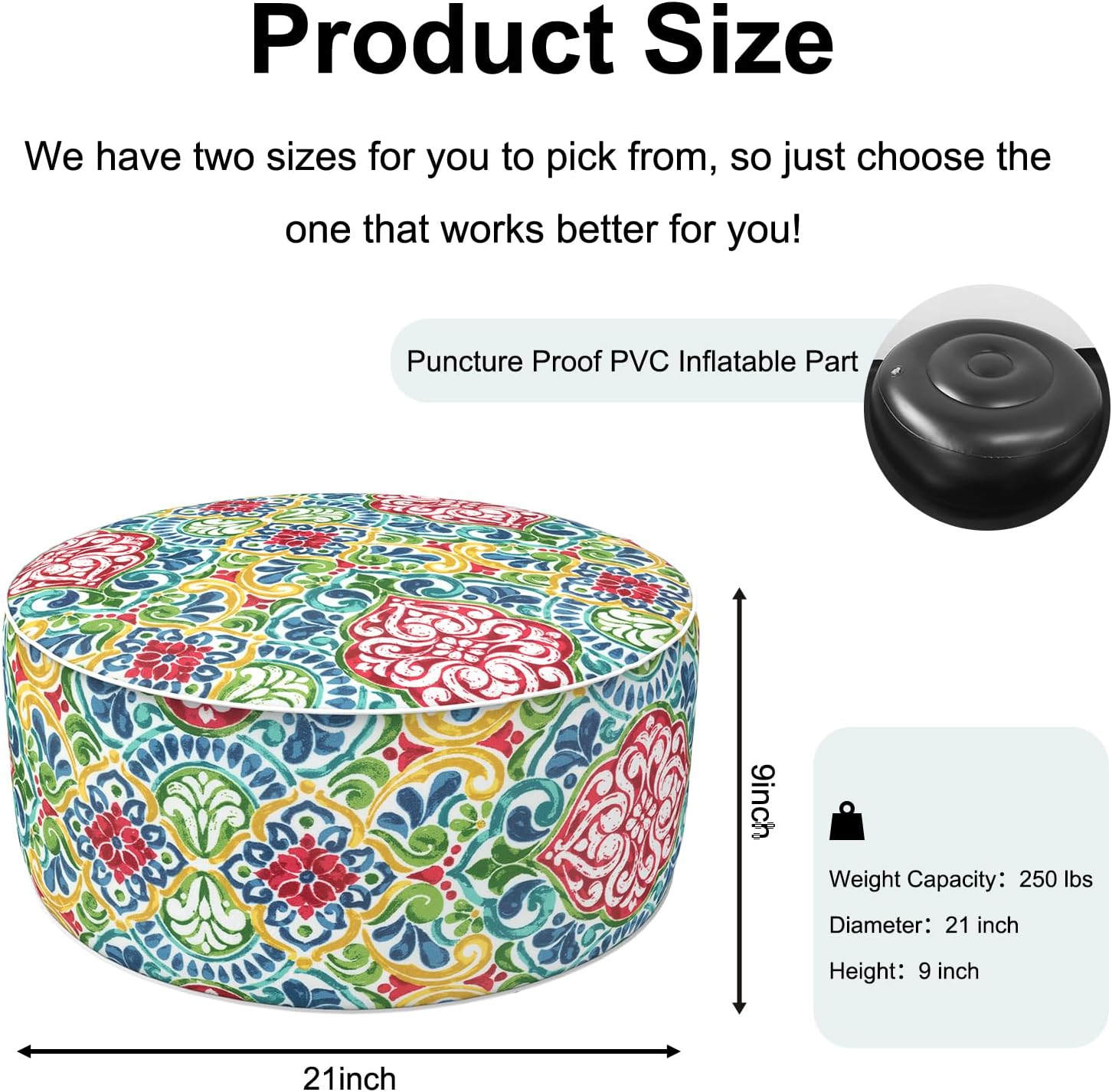 Inflatable Ottoman Stool D21 xH9 for Outdoor/Indoor Use, Water Repellent Patio Foot Rest Stool with