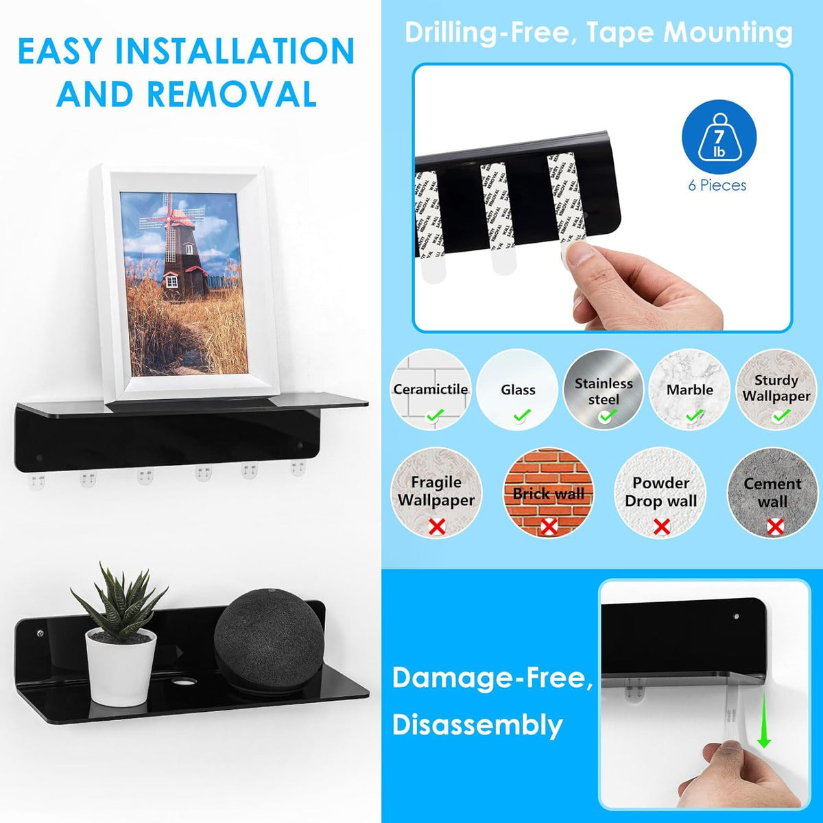 OAPRIRE Black Acrylic Floating Shelves Set of 2 - Damage Free Expand Wall Space - 12 Inch Wall