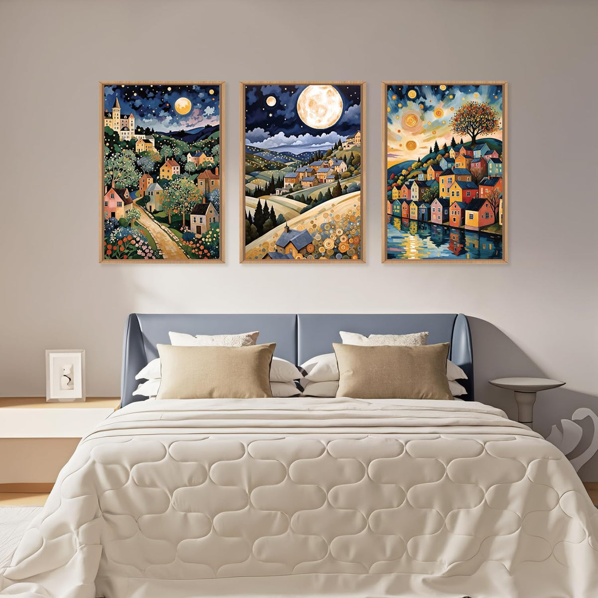 LHIUEM Large Abstract Colorful Framed Canvas Wall Art,Retro Night Village Wall Decor,Natural Moon