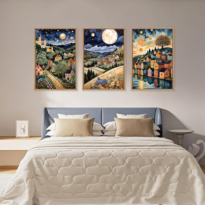 LHIUEM Large Abstract Colorful Framed Canvas Wall Art,Retro Night Village Wall Decor,Natural Moon